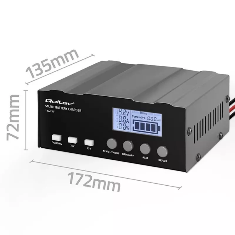 Baterijų įkroviklis QOLTEC 52491 mikroprocesorinis 12V/12,6V/24V su LCD