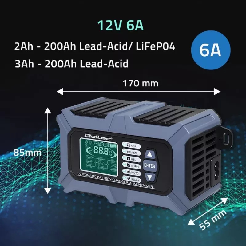 Qoltec išmanusis mikroprocesorinis akumuliatoriaus įkroviklis su baterijos testeriu ir 12V atkūrimo funkcija | 6A | LCD | Akumuliatorių įkroviklis AGM, LiFePO4, GEL baterijoms