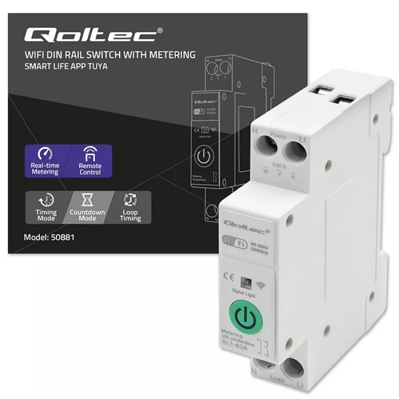 DIN-bėgio WiFi relė QOLTEC 50881 – 63A pagrindinė perjungimo relė elektros instaliacijai