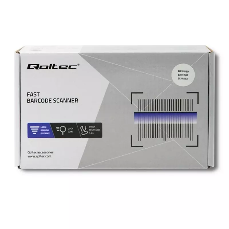 Nešiojamas brūkšninių kodų skaitytuvas QOLTEC 50863 – 1D/2D, USB, LED, juodas, 5V, 1,8 m laidas