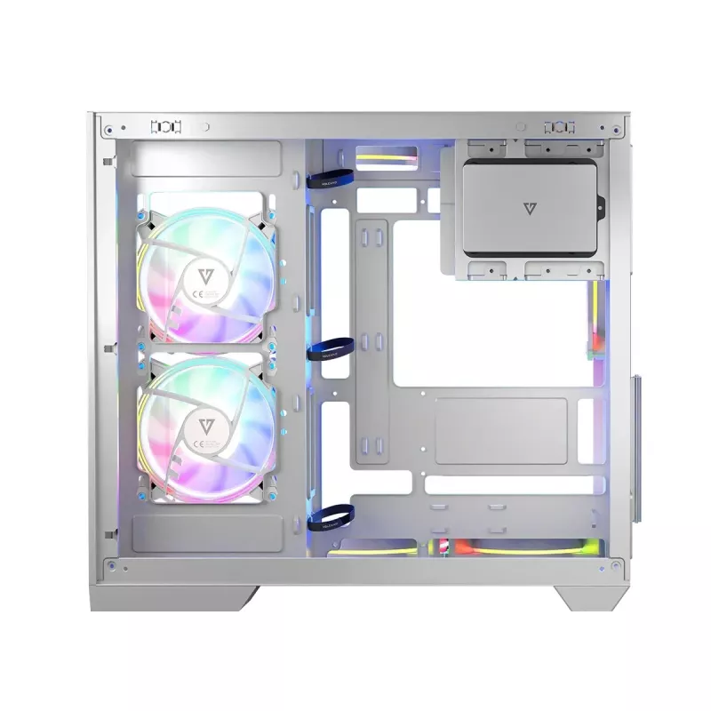 PC korpusas MODECOM Volcano Panorama Midi Tower baltas – micro ATX, grūdintas stiklas, ARGB, USB-C, palaiko GPU iki 400 mm