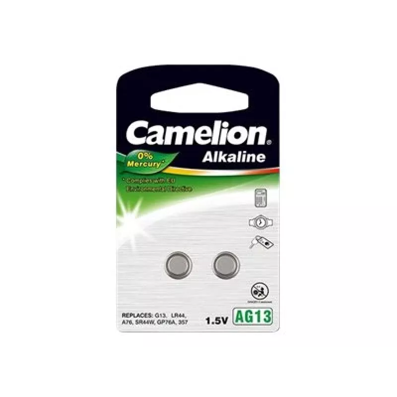Baterija myglinė CAMELION AG13 / LR44 / 357 šarminė, 1,5 V – 2 vnt. pakuotė