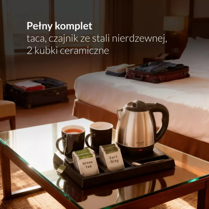 Adler AD 1354 viešbučio virdulys nerūdijančio plieno 1,2 l + padėklas su puodeliais juoda, plienas