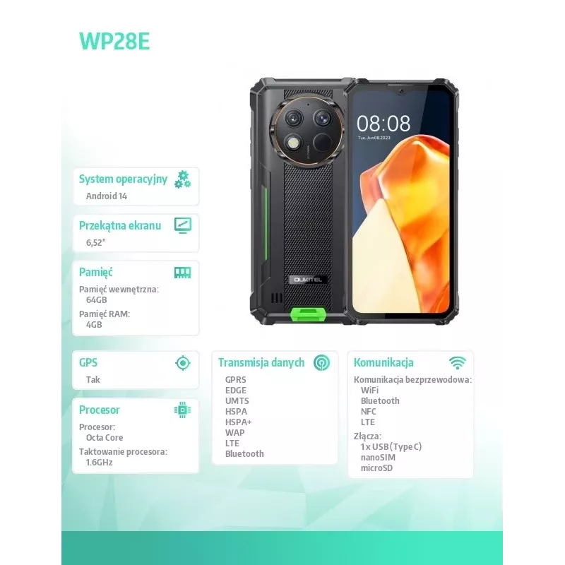 Oukitel WP28E 4/64 10600mAh DS išmanusis telefonas. Žalia, be įkroviklio