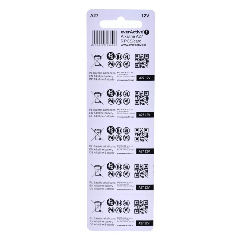 Įkraunamas baterijų rinkinys everActive 27A5BL, šarminė, 12 V, cilindrinė, 5 vnt., 27,3 × 7,62 mm