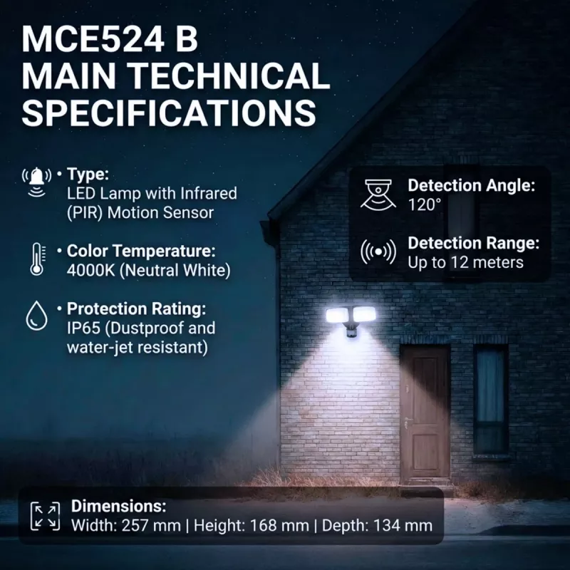 LED sieninis šviestuvas MACLEAN MCE524 su PIR judesio davikliu, modelis MCE524 B