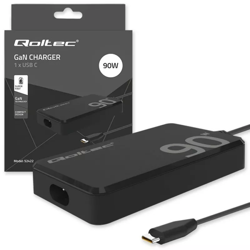 Qoltec 90W GaN Super Fast SLIM sieninis įkroviklis | XP | 5-20V | 4,5A | USB-C 3.1 | Nešiojamam kompiuteriui | MacBook | Išmaniajam telefonui | + laidas