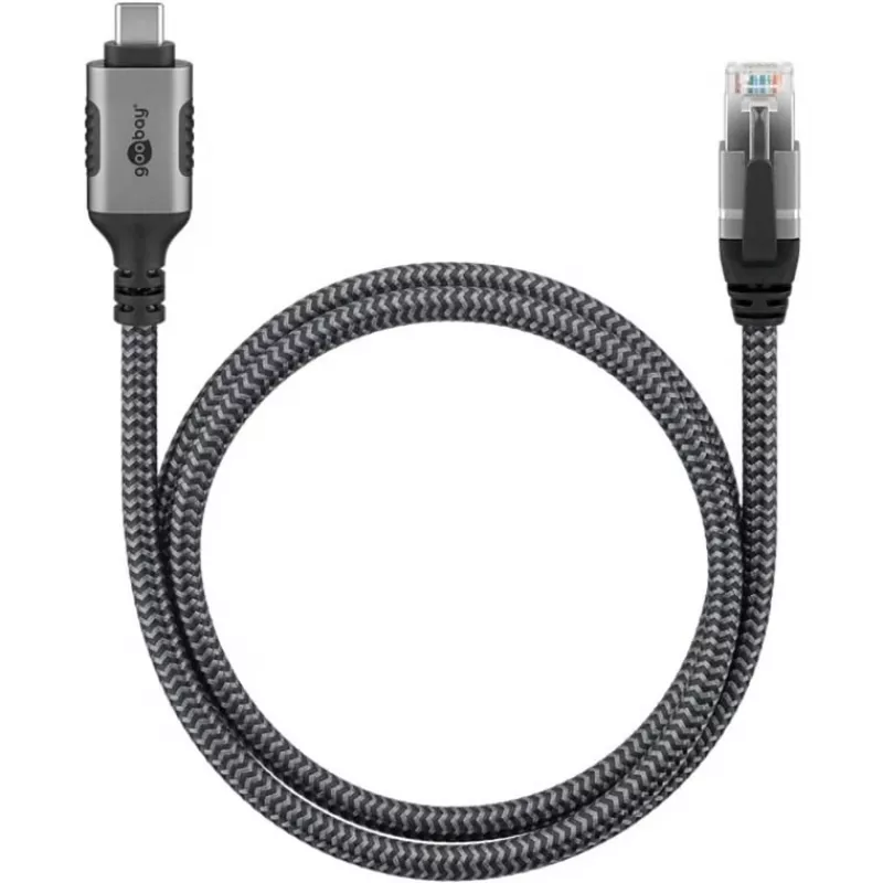 Ethernet kabelis USB-C 3.2 Gen2 kištukas > RJ-45 kištukas, LAN adapteris juodas/sidabrinis, 1,5 metro, pintas tekstilinis apvalkalas