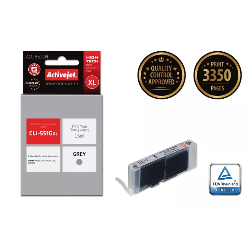 Kasetė ActiveJet ACC-551GN – suderinama su Canon CLI-551G, pilka, didelės talpos (XL) 15 ml
