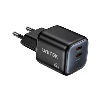 Unitek sieninis įkroviklis 2x GaN 45W — 2× USB‑C PD 3.0 ir QC greitasis įkrovimas