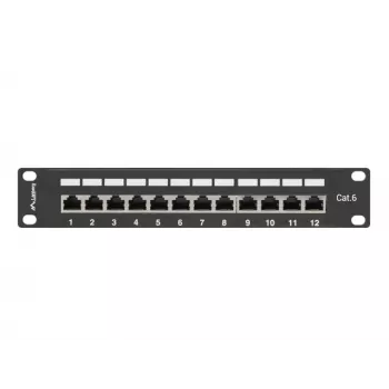 Patch panel Lanberg PPF6-9012-B — 12 prievadų RJ45, metalinis, juodas, 1U (215×44,5×130 mm)