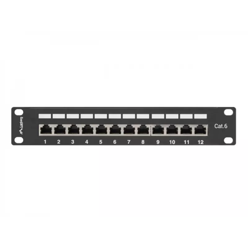 Patch panel Lanberg PPF6-9012-B — 12 prievadų RJ45, metalinis, juodas, 1U (215×44,5×130 mm)