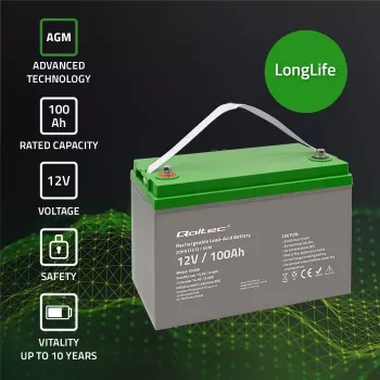 Qoltec 53038 AGM akumuliatorius | 12V | 100Ah | max 1200A