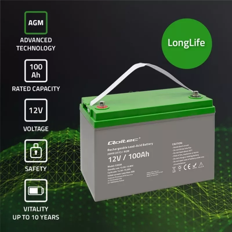 Qoltec 53038 AGM akumuliatorius | 12V | 100Ah | max 1200A