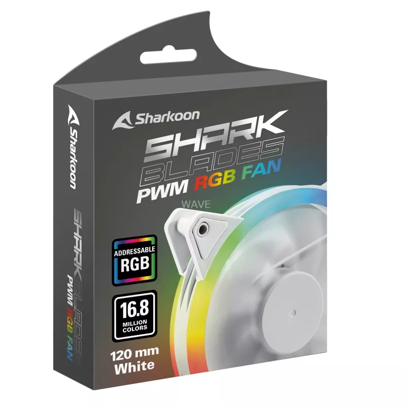 Sharkoon Shark Blades PWM RGB 120 mm kompiuterio korpuso ventiliatorius, 400–1400 apsukų per minutę, baltas