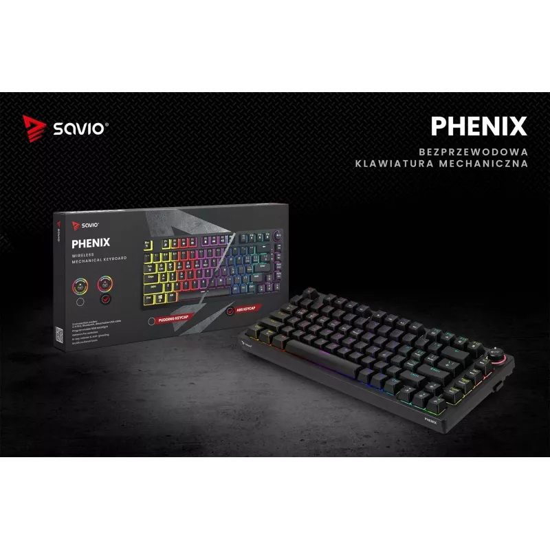 Savio Phenix SAVGK-RED belaidė mechaninė klaviatūra (82 klavišai, 75 %, Gateron Pro, RGB, RF 2,4 GHz / Bluetooth / USB)