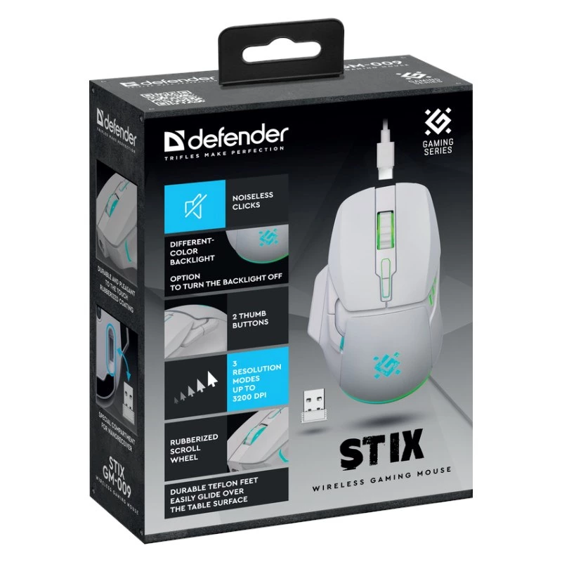 Belaidė pelė DEFENDER Stix GM-009 RF – optinė 3200 DPI, 6 mygtukai, abipusė, USB RF, maitinama baterija, balta