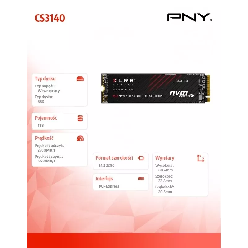 PNY XLR8 CS3140 1 TB M.2 PCI Express 4.0 NVMe 3D NAND vidinis SSD diskas