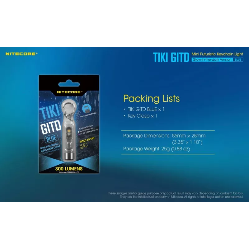 Raktų pakabuko žibintuvėlis Nitecore TIKI GITD BLUE pilkas, įkraunamas per USB, 1 lm, 55 mm, 12 g, IP66, atsparus smūgiams