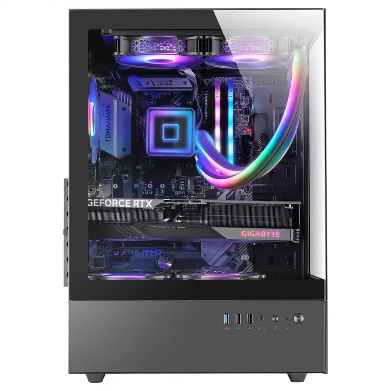 PC korpusas TACENS Mars Gaming MC-XO Midi Tower juodas — ATX/Micro-ATX/Mini-ITX, maitinimo blokas apačioje, 1×120 mm galinis ventiliatorius, palaiko iki 328 mm vaizdo plokštę