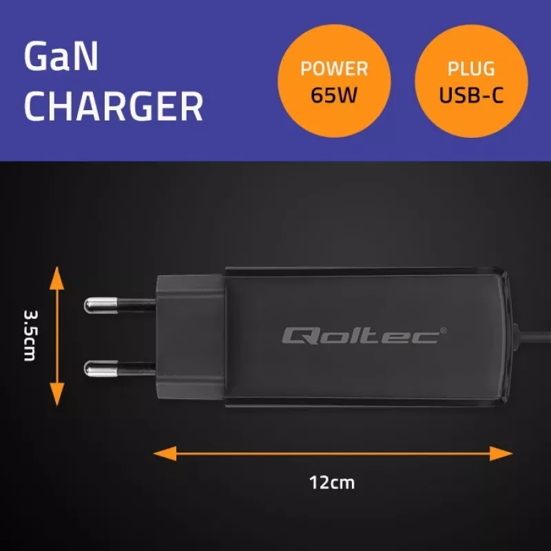 QOLTEC 52419 65W USB-C PD GaN įkroviklis nešiojamam kompiuteriui, 5V/20V 3A/3.25A, 220–240V, 1.8m laidas, juodas