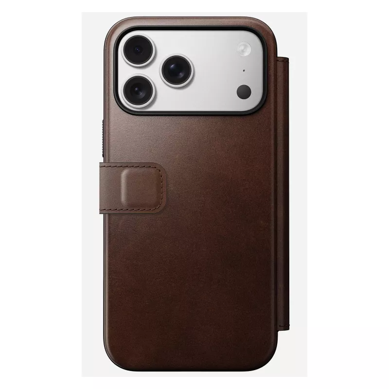 Nomad Modern Leather Folio dėklas iPhone 17 Pro Max — Ruda oda, 6,3 colio ekranas, 4 kortelių kišenės