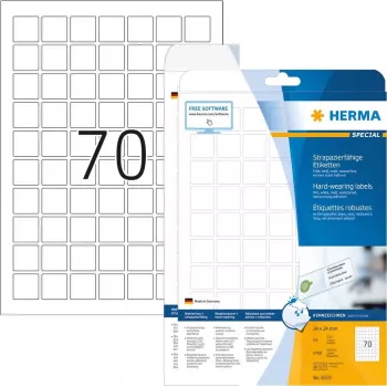 HERMA Special - Lipdukai iš plėvelės - matiniai - lipnūs - Balti - 24 x 24 mm 1750 vnt. (25 lapų x 70) (8339)