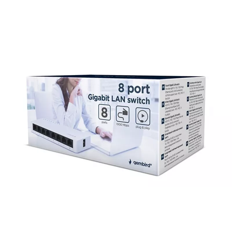 Nevaldomas jungiklis GEMBIRD NSW-G8-01 – 8× Gigabit Ethernet (10/100/1000), baltas, DC 5V