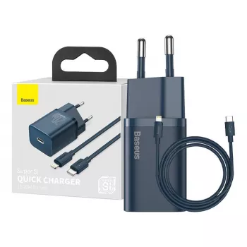 Baseus Super Si Power įkroviklis su USB-C į Lightning kabeliu 20W Mėlynas