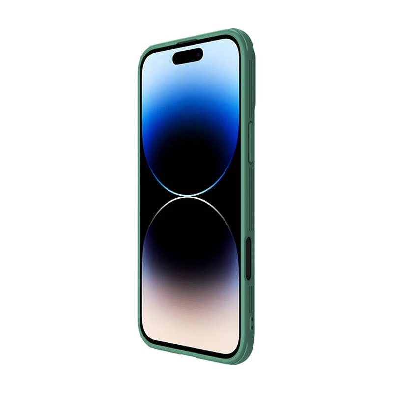 Apsauginis dėklas Nillkin CamShield Pro, skirtas iPhone 16 Pro Max, žalias, su slankiojančiu kameros dangteliu, galinė ir šoninė apsauga