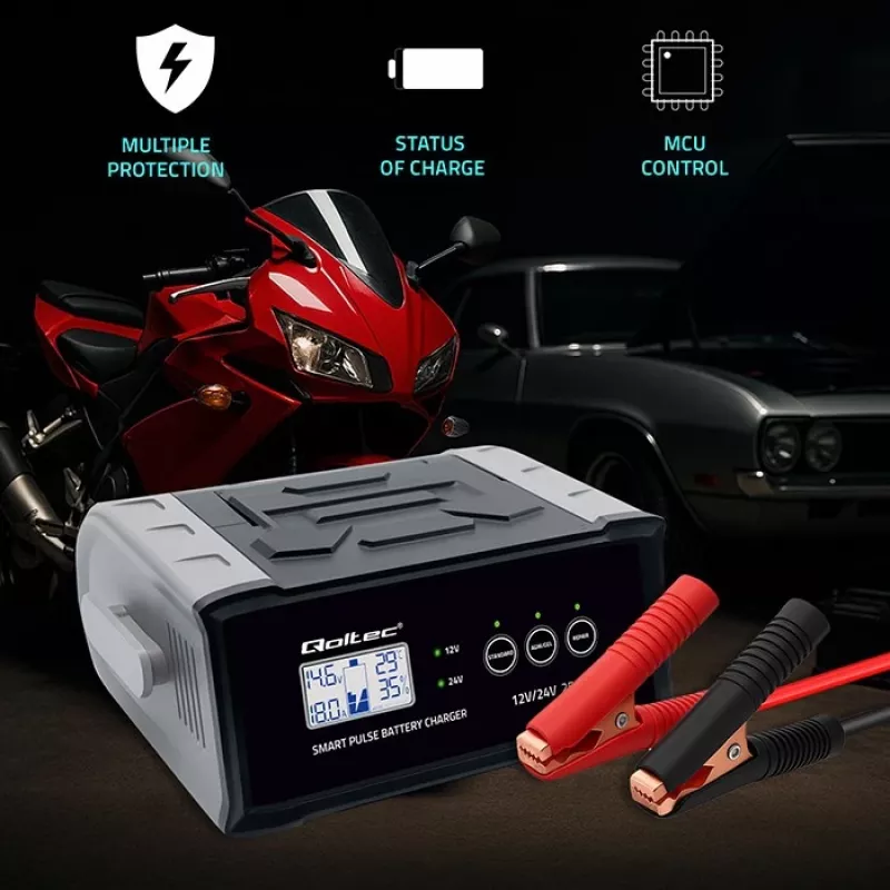 Įkroviklis QOLTEC 52514 – 12V/24V, 25A, AGM/GEL/SLA baterijoms su LCD ekranu