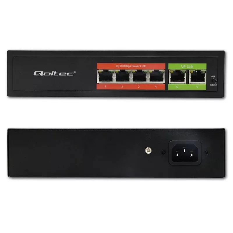 Eterneto PoE jungiklis QOLTEC 52289 — 4x RJ45 PoE prievadai, 2x RJ45 jungtis, 65W galios biudžetas