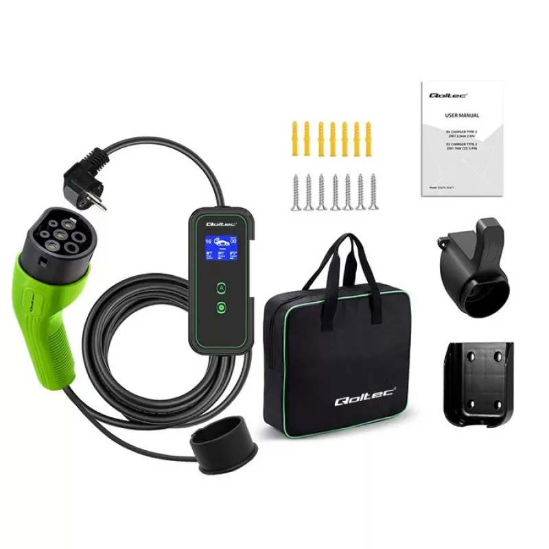 Qoltec Mobile EV Car Charger 2in1 Type2 | 3.5kW | 230V | Wi-Fi | LCD | Nešiojamas | Wallbox | 5m