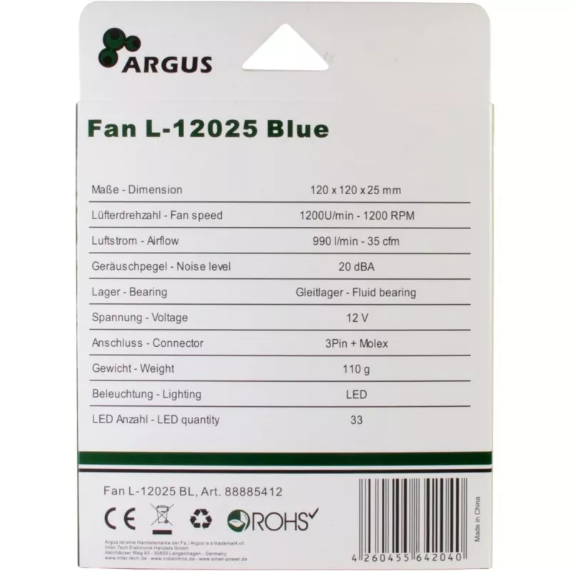 INTER-TECH Argus L-12025 120mm mėlynas LED korpuso ventiliatorius