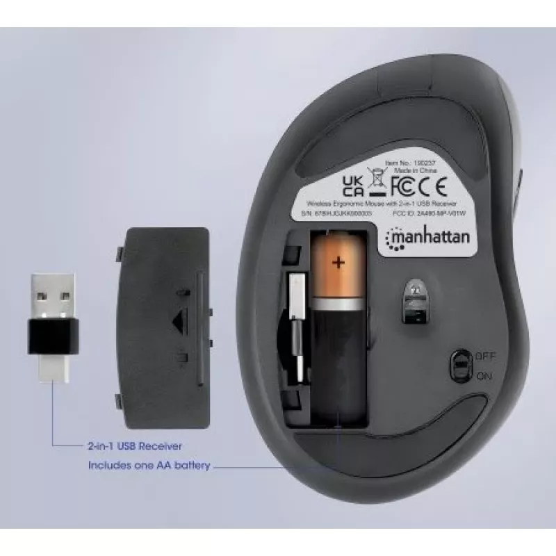 Manhattan ergonominė belaidė pelė dešinei rankai, reguliuojama 800/1200/1600 DPI, 2,4 GHz (iki 10 m), šeši mygtukai su slinkimo ratuku, kombinuotas USB-A ir USB-C imtuvas, juoda, AA baterija (įtraukta), trejų metų garantija