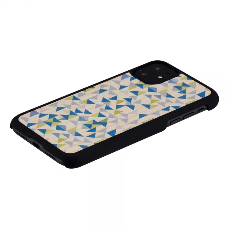 Dėklas iPhone 11 man and wood – mėlynas trikampis ant juodo, kietas apvalkalas
