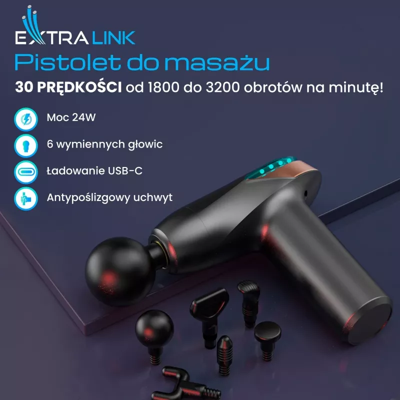 Masažinis pistoletas Extralink MSG-02-LITE 3200 RPM 6 antgalių