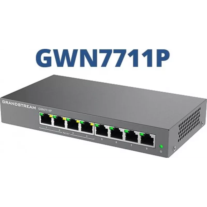 Valdomas L2 Gigabit PoE tinklo jungiklis Grandstream GWN7711P — 8x RJ-45 10/100/1000, 48V DC, stalinis/sieninis