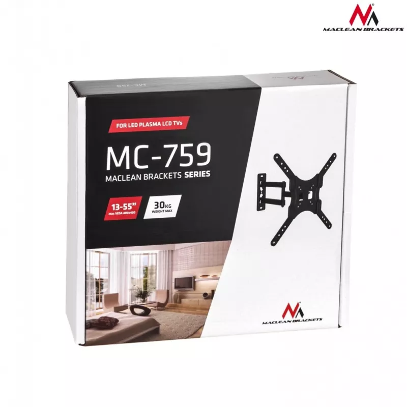Sieninis TV laikiklis Maclean MC-759, 13–55 colių, 30 kg, VESA 75x75–400x400, pakreipiamas, reguliuojamo gylio