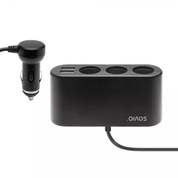 Automobilinis USB įkroviklis SAVIO SA-024 – universalus mobiliųjų įrenginių įkroviklis, įėjimas 12–24 V, išėjimas 5 V, juodos spalvos, cigarečių degiklio lizdui