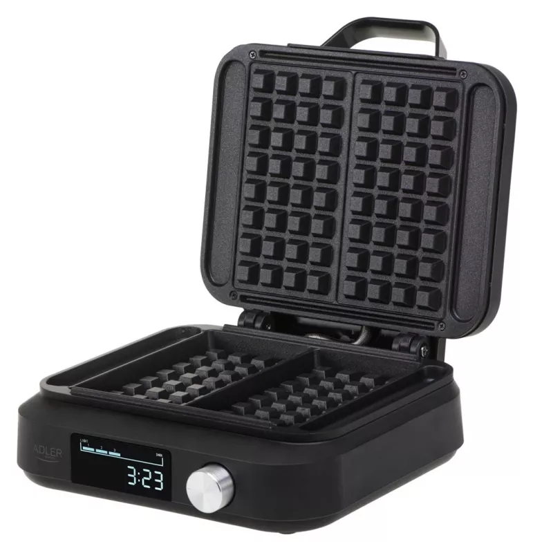 Vaflinė Adler AD 3087 – belgiška elektrinė vaflinė, 2200 W, 2 stačiakampės plokštės 9×17 cm, juoda