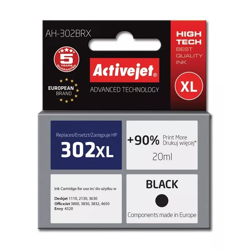 Activejet AH-302BRX rašalas (tinka HP 302XL F6U68AE; Premium; 20 ml; juoda)
