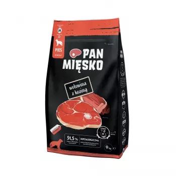 Sausas šunų maistas Pan Miesko Jautiena su Ožka suaugusiems Crunchy M — 9 kg, 30% baltymų, 20% riebalų, be glitimo