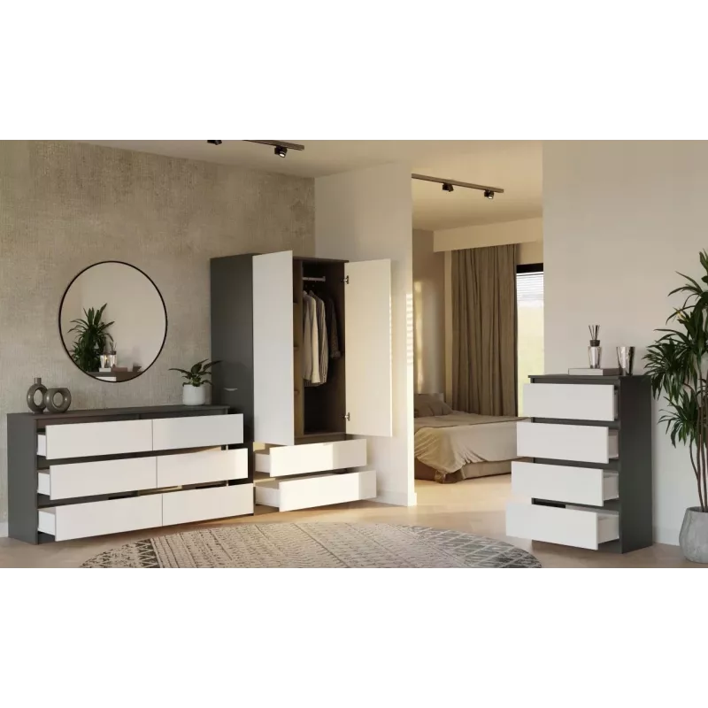 Spinta MALWA SS-90 90×180×50 cm, antracitinis rėmas, balti varstomi durys, 2 stalčiai, laminatas 16 mm