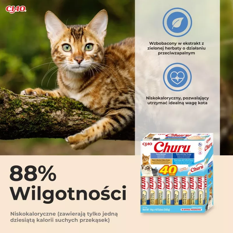 Šlapi kačių skanėstai INABA Churu Variety box Tunas su jūros gėrybėmis – 40 x 14 g pastos paketėliai, be grūdų, be cukraus