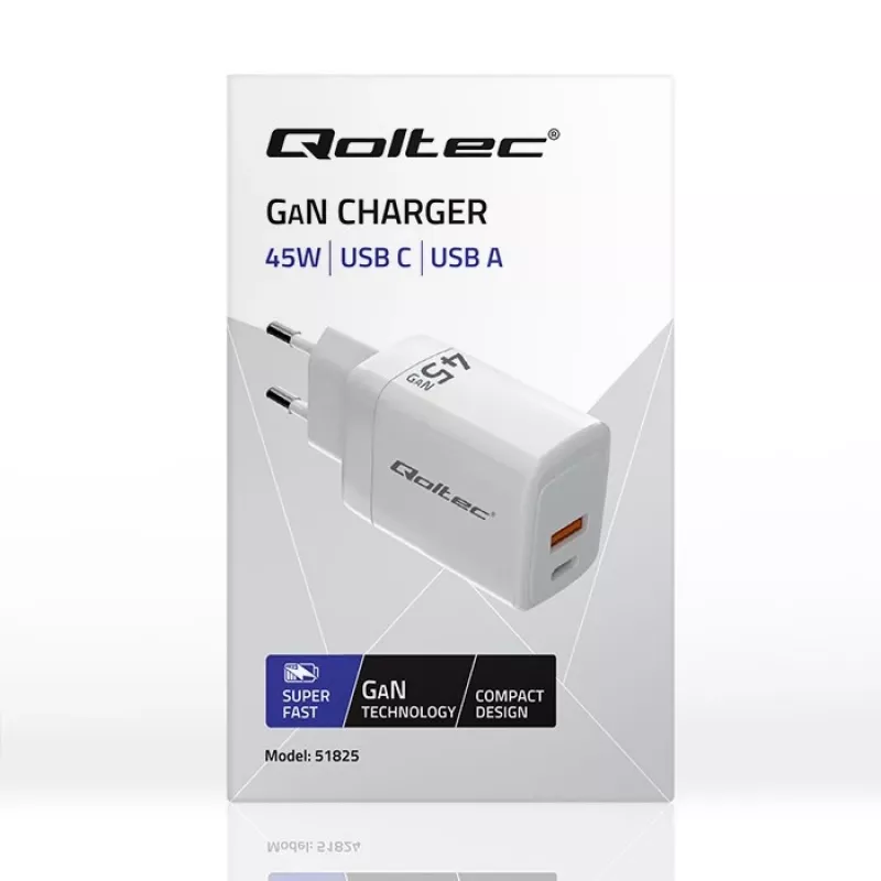 Qoltec GaN 45W įkroviklis 5V 20V 1.5A 3A, 1xUSB C PD, 1xUSB A