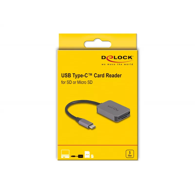 DeLOCK USB Type-C SD/Micro SD kortelių skaitytuvas, aliuminis, 5000 Mbit/s