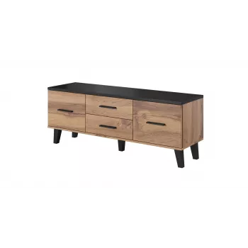 TV stovas Cama Meble LOTTA 140 cm – rėmas ąžuolas wotan, juoda medžio drožlių plokštės viršus, 1400×400×530 mm