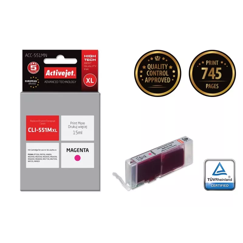 Activejet ACC-551MN rašalo kasetė (Canon CLI-551M atitikmuo; Supreme; 15 ml; purpurinė)