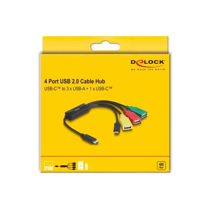DeLOCK 4 prievadų USB 2.0 kabelinis šakotuvas USB Type-C į 3 x USB-A moteriškas + 1 x USB-C vyriškas